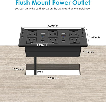 Recessed Power Strip, 30W PD USB-C & USB-A Fast Charging, Drawer Outlet Plug in 6 Outlets & 8 USB Ports, Furniture Flush Mount Desk Outlets for Conference Table, 10FT Cord Black