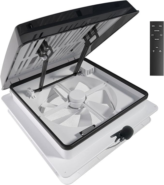 2012 Air Max RV Roof Vent Fan 14" x 14", Quiet 12V Motorhome Ventitaltion with Reversible Airflow, Voice & Remote Control, Rain Sensor, Fits Class A/B/C Motorhomes, Trailers, Campervans