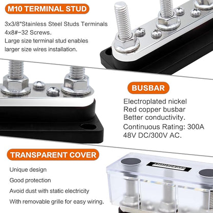 AMOMD 300A Bus Bars 3 Terminal Studs (3/8 inch) M10 4 8#-32 Screws Nickel Plated Copper Distribution Block Negative Electrical Buss Bars 12-48 V DC with Cover for Trailer Marine Boat Car RV (Black)