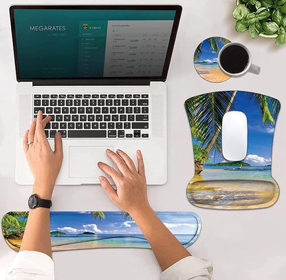 Ergonomic Mouse Pad Wrist Support and Keyboard Wrist Rest Set with Coasters, Non-Slip PU Base, Easy Typing and Relieve Wrist Pain, Perfect for Home Office Working Studying, Shore Palms Tropical Beach