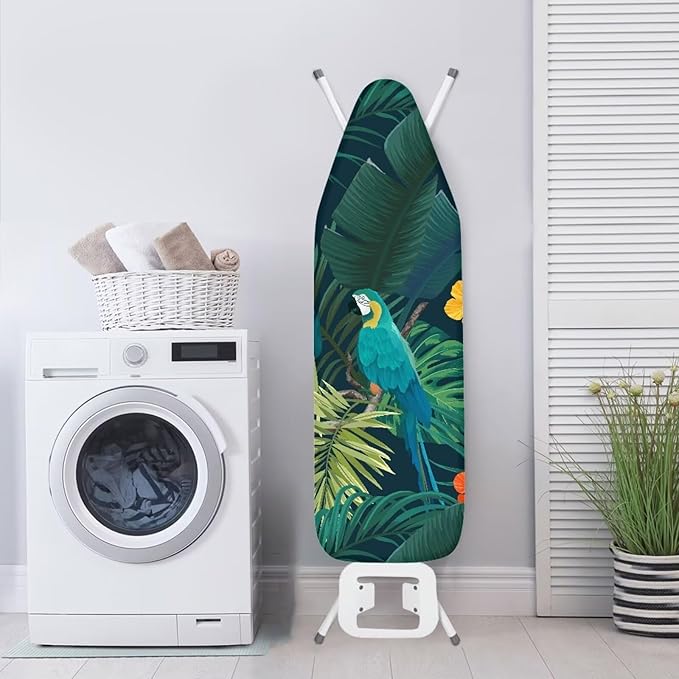 ZCFYGDX Ironing Board Cover Easy Install with Elastic Edge 3 Bottom Nylon Buckle Straps Breathable Ironing Decor Suitable for Wide Ironing Board House Decor Parrot Palm Leaf Print Size-2XL
