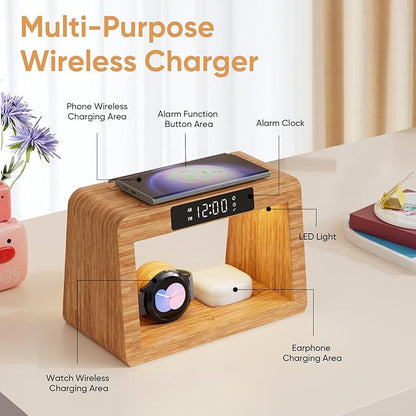 Bamboo Wireless Charging Station, 3 in 1 Charging Station with Light & Clock for Samsung & Android Phone, Wireless Phone Charger Station Only for Samsung Watch