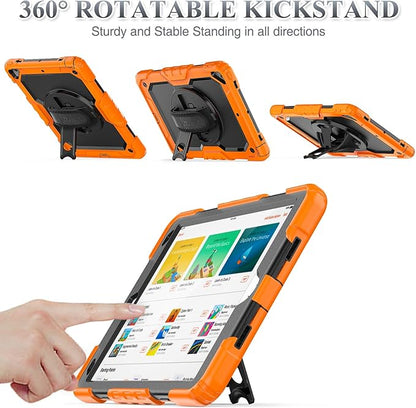 SEYMAC stock Case for iPad Air 3 2019 / Pro 10.5'' with Screen Protector Pen Holder [360° Rotate Hand Strap/Stand], Drop-Proof Case (Black+Orange)