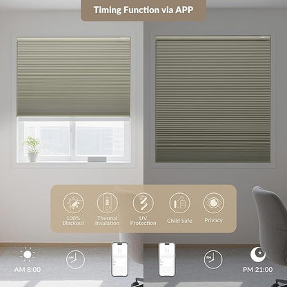 Boolegon No Drill Motorized Cellular Blinds with Remote Motorized Blackout Honeycomb Blinds for Indoor Windows Easy to Install Automatic Cellular Shades for Home,Blackout Beige,Custom Size