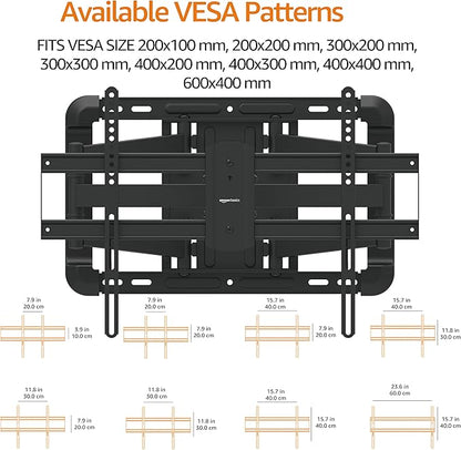Amazon Basics Heavy Duty Extension Dual Arm, Full Motion Articulating TV Mount for 37" to 80" TVs up to 132 lbs, Fits LED LCD OLED Flat Curved Screens, Black