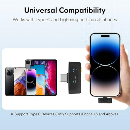 Wireless Lavalier Microphone for iPhone/Android, Lapel Mics with Lightning/USB-C Plug-Play, 100FT Range, Omnidirectional Condenser Mic for Video Recording, Interview, Podcast, Vlog, YouTube