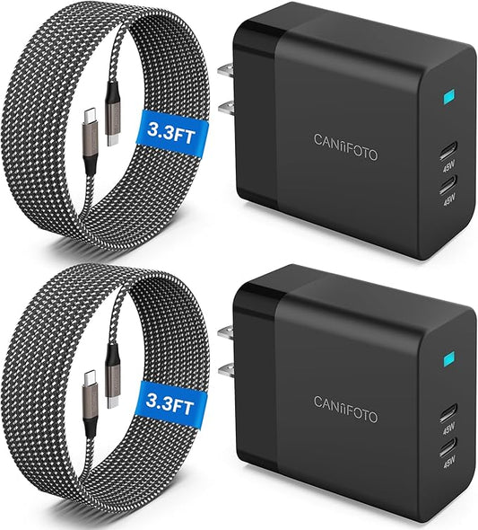2Port 45W Super Fast Charger Type C, 2Pack 45W USB-C Charger Android Phone Charger Fast Charging for Samsung Galaxy S25 Ultra/S25+/S24/S24 Ultra/S23+/S22/S20/Note10+/Tab S9 with 2X 3.3ft Type C Cord