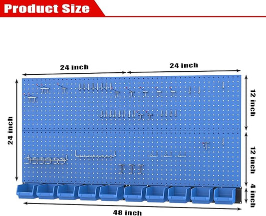 Ultrawall Pegboard Wall Organizer, Blue Metal Peg Board Panels, Garage Storage System with Hooks and Storage Bins, 59pcs