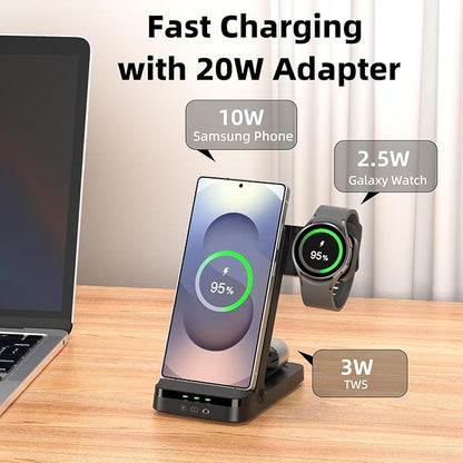 Wireless Charger for Samsung, 3 in 1 Wireless Charging Station for S25 S24 Ultra S23 S22 S21 Note Z Fold Android, Charger for Samsung Galaxy Watch 7 6 5 4 3 Pro Classic Galaxy Buds