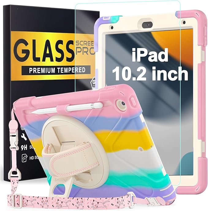 BLOSOMEET Case for iPad 9th/8th Generation 2021/2020 10.2 Inch for Kids Girls Cute w/Tempered Glass Screen Protector & Pencil Holder, iPad 7th Gen 10.2 Cover 2019 Pink w/Stand Hand Shoulder Strap