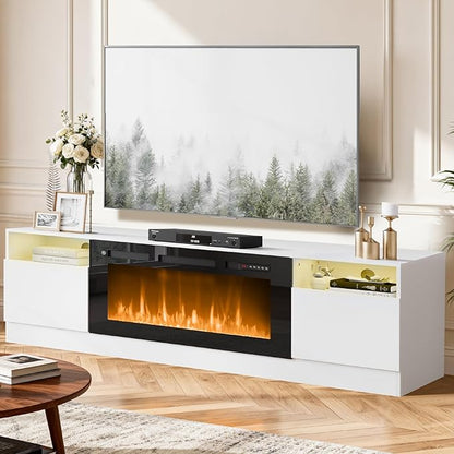 YISUFO 80” TV Stand with 36” Electric Fireplace, Large Modern Media Entertainment Center with Storage Cabinet and 12 Colors LED Lights for TVs Up to 90",White and Black