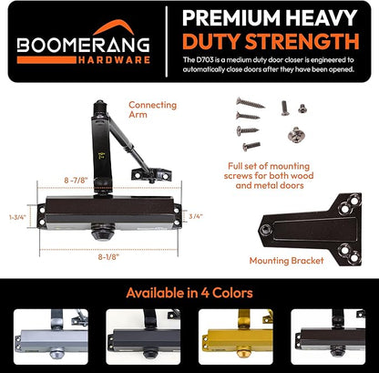 Boomerang Medium Duty Automatic Commercial Door Closer - D703 Hydraulic UL 3 hr. Fire Rated Closer, Surface-Mounted Size 3 for Home & Light Commercial Doors, Dark Bronze (US10B)
