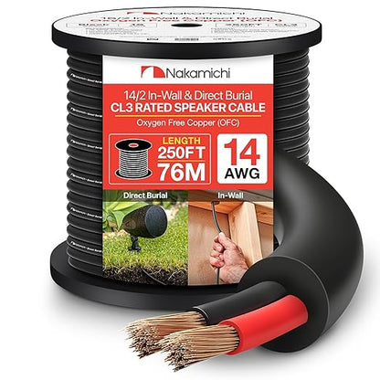 Nakamichi 14/2 (250-Foot) in-Wall & Direct Burial (UL CL2 CL3 Rated) Oxygen-Free Copper (OFC) 2-Conductor Speaker Cable Wire, Outdoor In-Ground, in-Ceiling, Riser, Black (14AWG / 250ft / 76.21m)