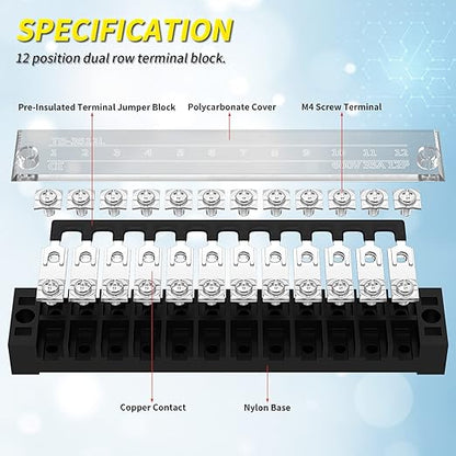 Joinfworld 35A Terminal Block 12 Position Screw Terminal Strip Dual Row with Cover and 12 Position Pre-Insulated Terminal Jumper Block - 2pcs