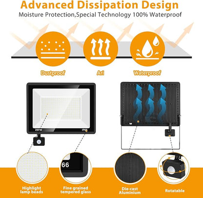 YANYCN 2 Pack 200W LED Motion Sensor Flood Light, Super Bright IP66 Waterproof Outdoor 23000 lumens 5000K Daylight Dusk to Dawn Security Light for Front Porch, Barn