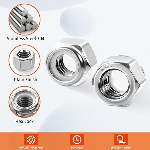 MewuDecor #6 32 Nylon Insert Hex Lock Nuts Locknuts, 304 Stainless Steel 18-8, Bright Finish, 100 PCS
