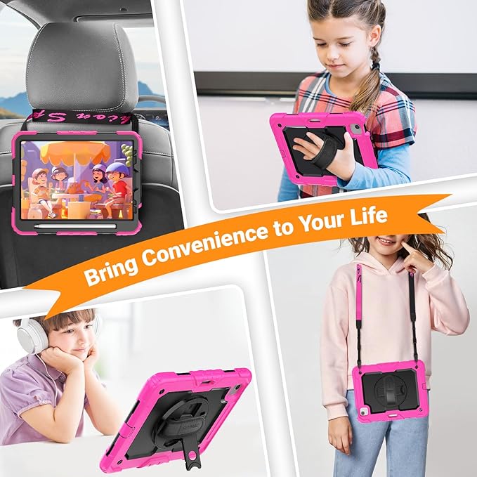 SEYMAC for iPad Air 5th/ 4th Generation Case 10.9 Inch, Full-Body Shockproof Protective Case with Screen Protector, Rotating Stand/Handle/Shoulder Strap for iPad Air 5/ Air 4, Black/Pink
