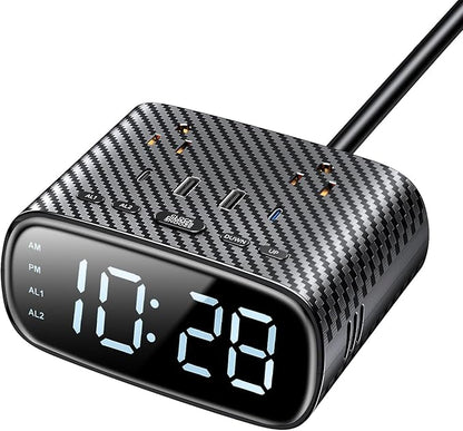 Sussex Alarm Clock with 2 USB-C, 2 USB-A Chargers Power Strip 2 Outlets - Screen LED Dimmable Digital Clock with Snooze Function - Dual Alarm for Bedside Nightstand