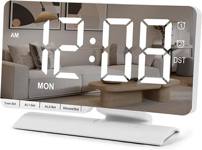 SZELAM Digital Clock,Alarm Clock Bedside,7.3'' Large LED Mirror with Date Display,Dual Alarm with 3 Mode,Brightnee Adjust,DST,Snooze Function,USB C Charging Port,5 Levels Volume for Desk Bedroom Teens