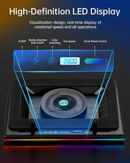 llano V12 RGB Laptop Cooling Pad, Gaming Laptop Cooler with 5.5 Inch Powerful Turbofan, Fast Cooling Laptop 15.6-21in, Adjustable Speed, Touch Control, LCD Screen, Black (RGB)