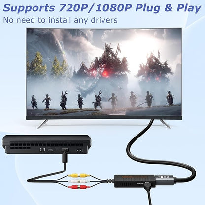 LA NREUCETS RCA to HDMI Converter, Composite AV to HDMI Converter Support 1080P with HDMI Cable for Xbox/Wii/PS1/PS2/PS3/GameCube/N64/VHS/VCR/DVR Players