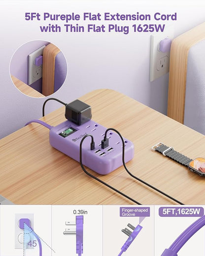 6 USB(2 USB C) Purple Travel Power Strip- 5Ft Lavender Extension Cord with 24W USB Charging Station and 4 Outlets, Purple Desk Accessories with Surge Protector for Cute Kawaii Office Dorm Room