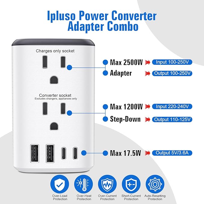 Voltage Converter Us to Europe, 220v to 110v Power Adapter, European Plug Power Converter 2500w, Transformer for Curly Hair Dryer, Travel Adapter Worldwide Step Down，