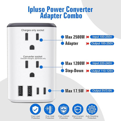 Voltage Converter Us to Europe, 220v to 110v Power Adapter, European Plug Power Converter 2500w, Transformer for Curly Hair Dryer, Travel Adapter Worldwide Step Down，