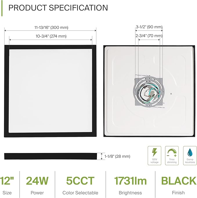 ASD LED 12" Square Flush Mount Ceiling Light Fixture, Low Profile Surface Lighting | 5CCT, Dimmable, Ultra-Thin, ETL Listed | 24W 1700LM 2700-6000K 120V | Kitchen, Bedroom Lamp | Black, 12 Pack