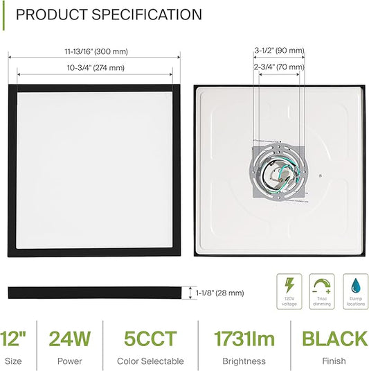 ASD LED 12" Square Flush Mount Ceiling Light Fixture, Low Profile Surface Lighting | 5CCT, Dimmable, Ultra-Thin, ETL Listed | 24W 1700LM 2700-6000K 120V | Kitchen, Bedroom, Hallway Lamp | Black