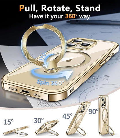 [360° Rotatable CD Stand & Built-in Privacy Screen Magnetic Case for iPhone 14 Pro Max[Compatible with MagSafe&Full Signal] Mil-Grade Shockproof Full Body Anti-Spy Cover for 14 Pro Max-Gold