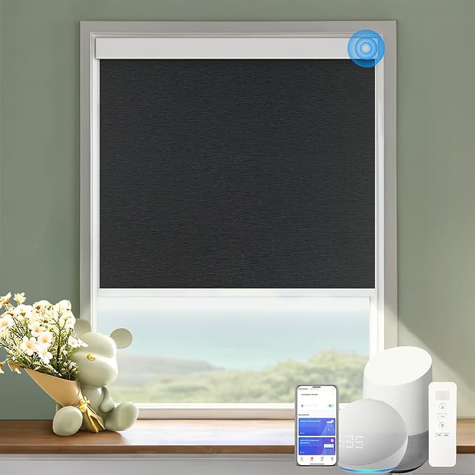 COOLWINDS Motorized Blinds with Remote Cordless Automatic Motorized Shades Custom Blinds for Windows Smart Curtains Compatible with Alexa Google Home(Blackout Jacquard Black,W23 x H72in)