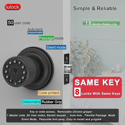 iulock Smart Door Knob with Keypad and Key,Keyless Entry Door Lock with Rubber Grip, Auto Lock,50 User Code,Waterproof, Easy to Install and Program for Bedroom(Matte Black Same Key 8 Pack)