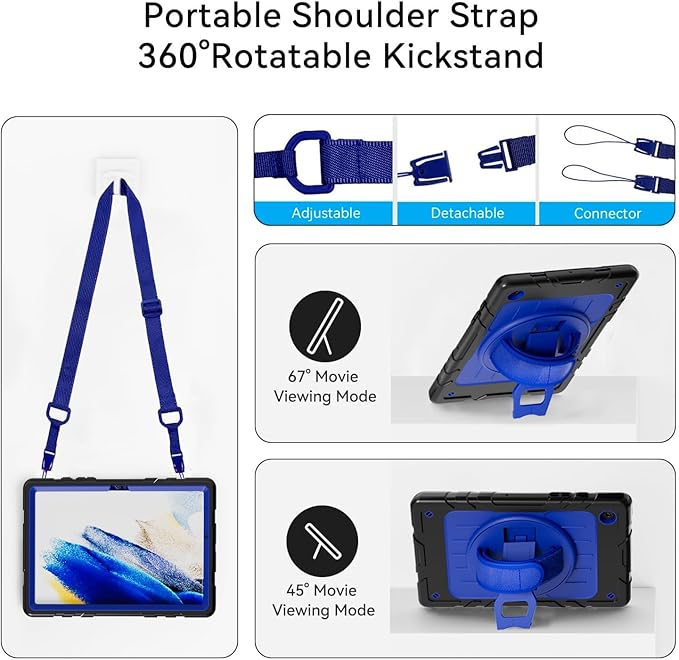 for Samsung Galaxy Tablet A8 Case 10.5 inch 2022 SM-X200/X205/X207 with Screen Protector [360 Rotating Stand] &Hand Shoulder Strap Shockproof Rugged Protective Cover|Black&Blue