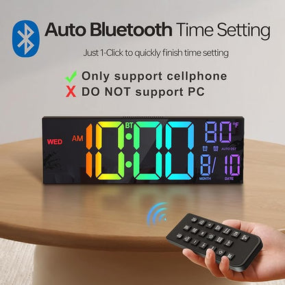 JALL 16.2" Large Digital Wall Clock with Seconds, Bluetooth Sync, Alarm Big LED, RGB Color, DST Temperature for Classroom Bedroom Garage Gym, Mount, Xmas, Birthday Gift for Aged Elderly Mother Father