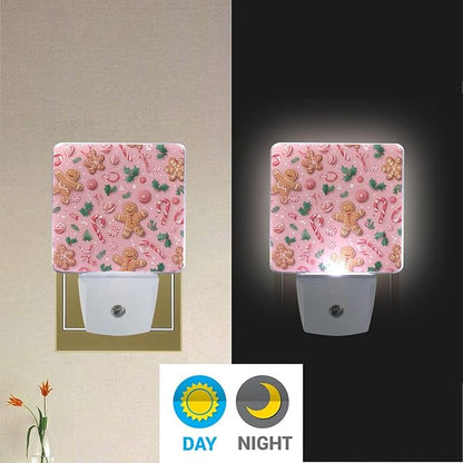 Pigsaly Led Night Light Christmas Gingerbread Men Pink Candy Canes Night Light Plug in Wall Lamp Smart Dusk to Dawn Sensor Nightlight Led Lamp Energy Saving Lights Gift for Kids Room Bedroom Bathroo