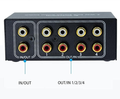 No Noise 4 Way 1 in 4 Out or 4 in 1 Out Audio Sound selector RCA Female Stereo 4 Channel Splitter switcher Box Switching No External Power