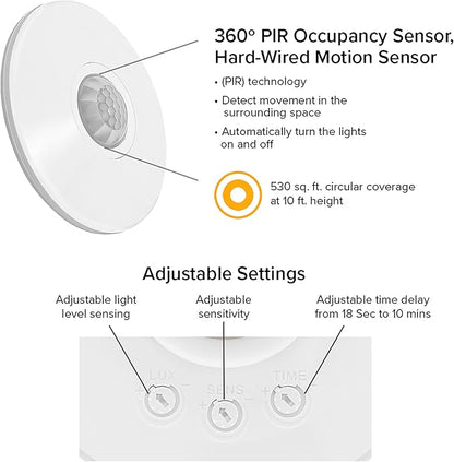 Maxxima Ceiling Mount 360 Degree PIR Occupancy Sensor - Hard-Wired Motion Sensor, 120V LED Compatible, Automatic Sensing Solution for Indoor Use at Max Height 10ft, Ideal for Closets and Pantries