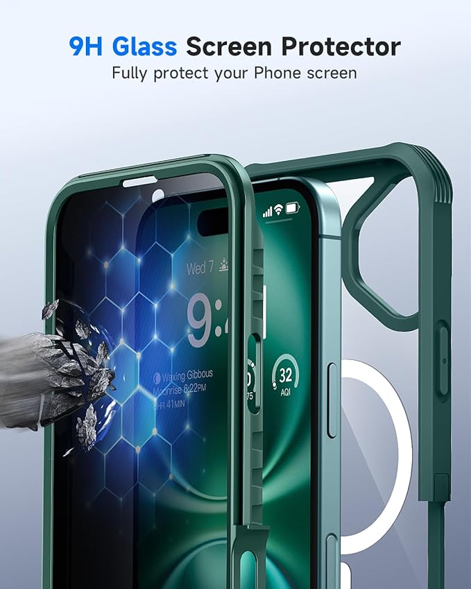 seacosmo for iPhone 16 Case, Full Body Bumper with Built-in 9H Tempered Glass Privacy Screen Protector and Camera Lens Protector, Compatible with MagSafe, Shockproof 16 Phone Case, 6.1", Green