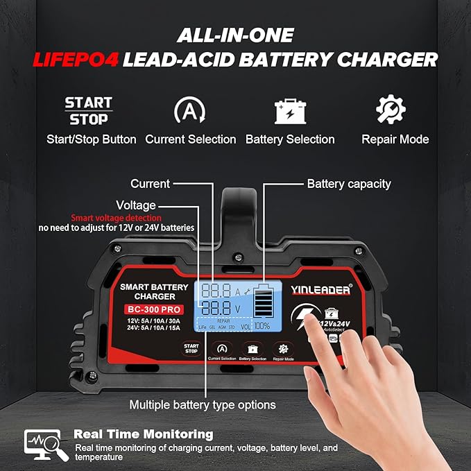 Battery Charger 30A, 12V/24V Lead Acid Smart Battery Charger, 12V LiFePO4 Car Battery Trickle Charger, Automatic Battery Maintainer for Car Motorcycle Lawn Mower Marine Boat Lead Acid Batteries