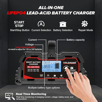 Battery Charger 30A, 12V/24V Lead Acid Smart Battery Charger, 12V LiFePO4 Car Battery Trickle Charger, Automatic Battery Maintainer for Car Motorcycle Lawn Mower Marine Boat Lead Acid Batteries
