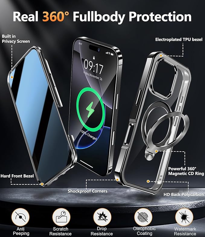[360° Rotatable CD Stand & Built-in Privacy Screen Magnetic Case for iPhone 16 Pro [Compatible with MagSafe & Full Signal] Mil-Grade Shockproof Full Body Anti-Spy Cover for 16 Pro-Black