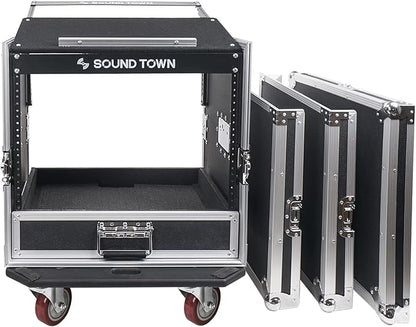 Sound Town 10U PA DJ Pro Audio Rack/Road ATA Case with 2U Drawer, 11U Slant Mixer Top, DJ Work Table, Casters, Pro Tour Grade (MR-DR10U)