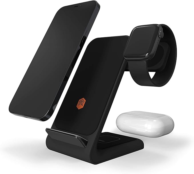 STM ChargeTree Swing 3-in-1 Wireless Charging Station for iPhone/Samsung/Android (15W/7.5W), AirPods (5W), Apple Watch (3W). Qi-Certified Stand- Black