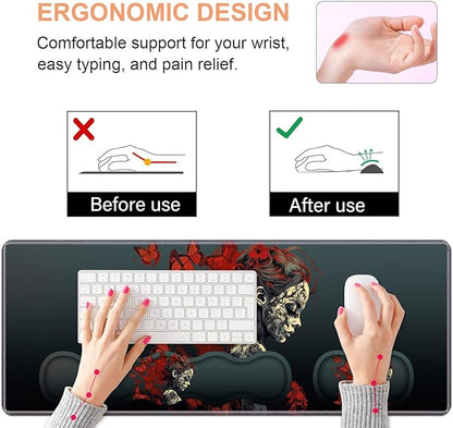 Ergonomic Keyboard Wrist Rest & Mouse Pad Wrist Rest Set, Large Gaming Desk Mat 31.5"x 11.8" with Non-Slip Base, Memory Foam, Easy Typing Pain Relief for Home & Office, Tattooed Girl and Red Butterfly