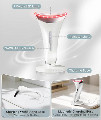 Dopsikn Red Light Therapy for Face and Neck, 7 Color Facial Massager with Adjustable Vibration and Thermals for Wrinkles, Double Chin, Portable Skin Care Tool with Base, White