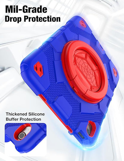 SCSVPN for iPad (A16) 11th/10th Generation Case 11 inch 2025/10.9 inch 2022, Rugged Shockproof Protective Silicone Case for Kids with Pencil Holder, Rotate Stand & Handle, Shoulder Strap - Blue/Red