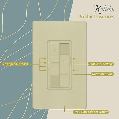 TOPGREENER Kalide Combo Dimmer Switch with 3-Speed Fan Control, Light and Fan Combination Switch, Single Pole, 2.5A, 200W LED/CFL, Neutral Wire Not Required, TGDSFS3-I, Ivory