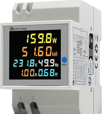 KETOTEK Single Phase Energy Meter Din Rail Electricity Usage Monitor AC 40-300V 100A Voltmeter Ammeter Watt Kwh Frequency Power Meter Built-in CT 110V