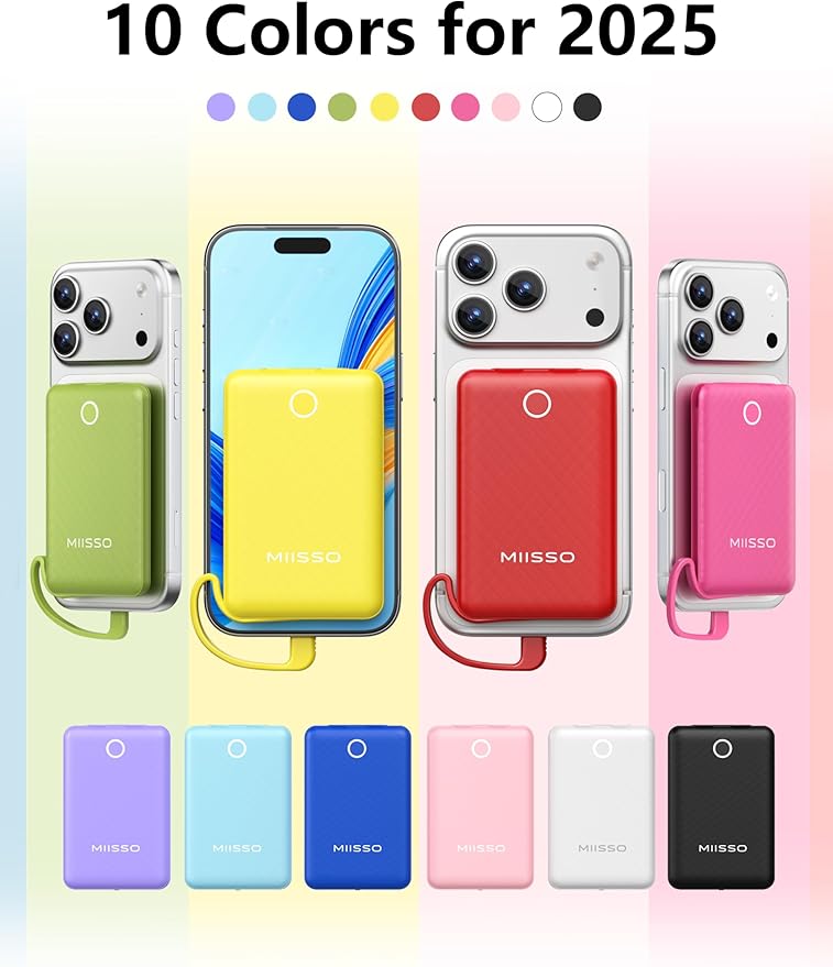 miisso 10000mAh Mini Portable Charger with Built in Cable, Pocket Size Power Bank Travel External Battery Pack for Phone, 3 Output USB Type C Cord Clutch Compatible with iPhone, Samsung, Pink
